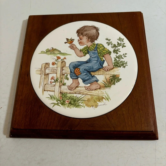 Vintage ceramic wood trivet kitchen hot pad decor art boy with  butterfly - Picture 1 of 12